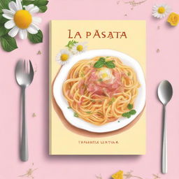 Create a novel cover featuring a plate of carbonara fettucine, a chamomile flower, and a questions card game