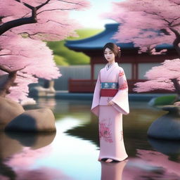 A highly detailed 3D rendering of a Japanese girl with traditional clothing, standing in a serene Japanese garden