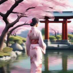 A highly detailed 3D rendering of a Japanese girl with traditional clothing, standing in a serene Japanese garden