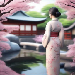 A highly detailed 3D rendering of a Japanese girl with traditional clothing, standing in a serene Japanese garden