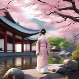 A highly detailed 3D rendering of a Japanese girl with traditional clothing, standing in a serene Japanese garden