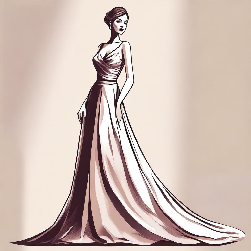 A digital illustration of a woman wearing an elegant long dress that accentuates her figure, with observable large breasts