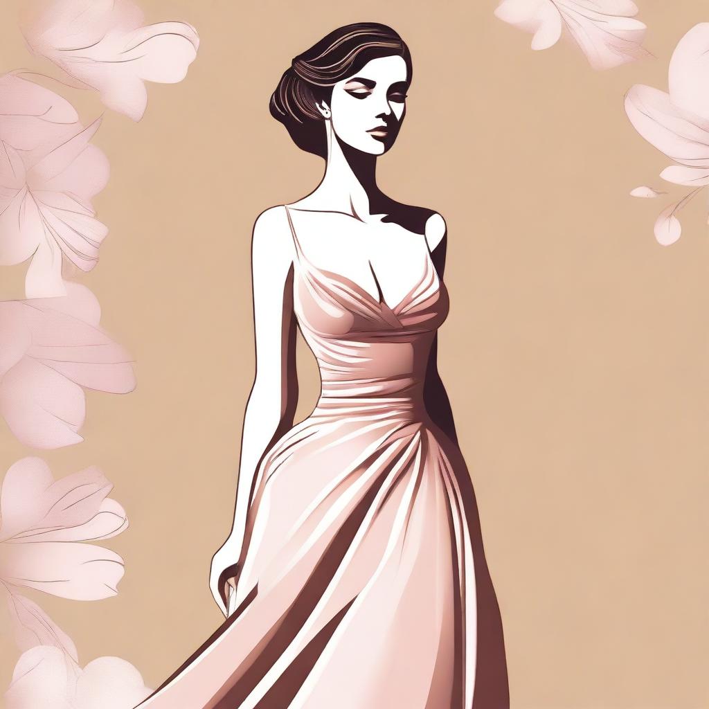 A digital illustration of a woman wearing an elegant long dress that accentuates her figure, with observable large breasts