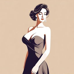 A digital illustration of a woman wearing an elegant long dress that accentuates her figure, with observable large breasts