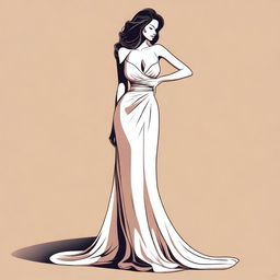 A digital illustration of a woman wearing an elegant long dress that accentuates her figure, with observable large breasts