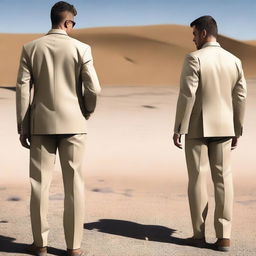 Create an image that blends the back view of a smart suit and soldier desert fatigues