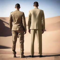 Create an image that blends the back view of a smart suit and soldier desert fatigues