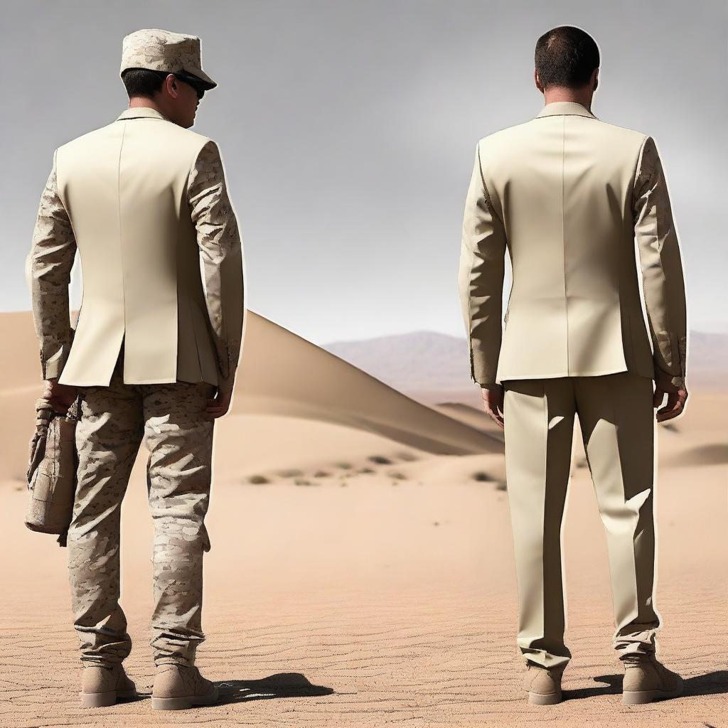 Create an image that blends the back view of a smart suit and soldier desert fatigues