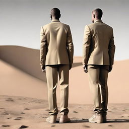 Create an image that blends the back view of a smart suit and soldier desert fatigues