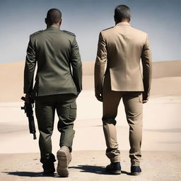 Create an image that blends the back view of a smart dark suit and soldier desert fatigues