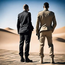 Create an image that blends the back view of a smart dark suit and soldier desert fatigues