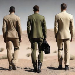 Create an image that blends the back view of a smart dark suit and soldier desert fatigues