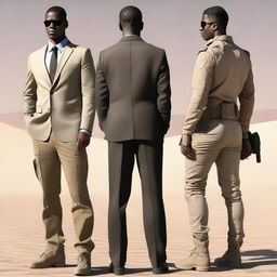 Create an image that blends the back view of a smart dark suit and soldier desert fatigues