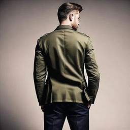 Create an image of the back view of a man wearing half combat fatigues and half a dark suit