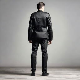 Create an image of the back view of a man wearing half combat fatigues and half a dark suit