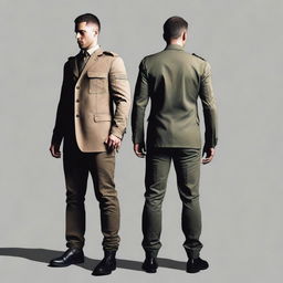 Create an image of the back view of a man wearing half combat fatigues and half a dark suit