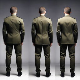 Create an image of the back view of a man wearing half combat fatigues and half a dark suit