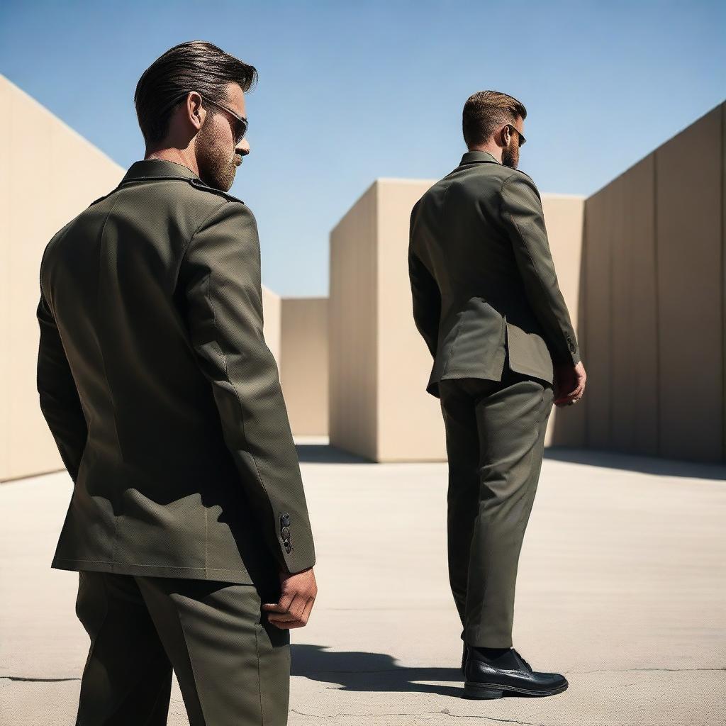 Create an image of the back view of a man wearing a combination of combat fatigues and a dark suit