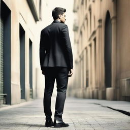 Create an image of the back view of a man wearing a combination of combat fatigues and a dark suit