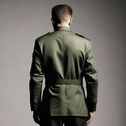 Create an image of the back view of a man wearing a combination of combat fatigues and a dark suit