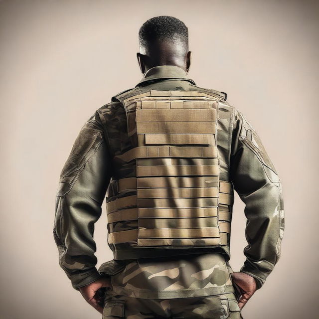 Create an image showing the back view of a man dressed in army combat fatigues