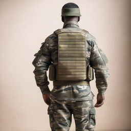 Create an image showing the back view of a man dressed in army combat fatigues