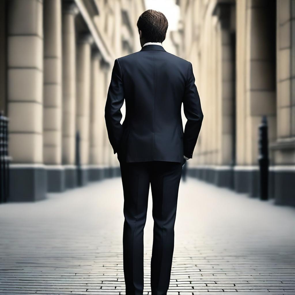 Create an image showing the back view of a man wearing a smart, dark suit