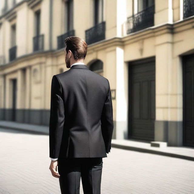 Create an image showing the back view of a man wearing a smart, dark suit