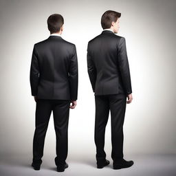 Create an image showing the back view of a man wearing a smart, dark suit