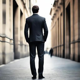 Create an image showing the back view of a man wearing a smart, dark suit