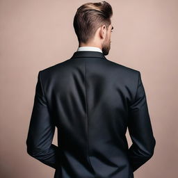 Create an image showing the back view of a muscular man wearing a smart, dark suit