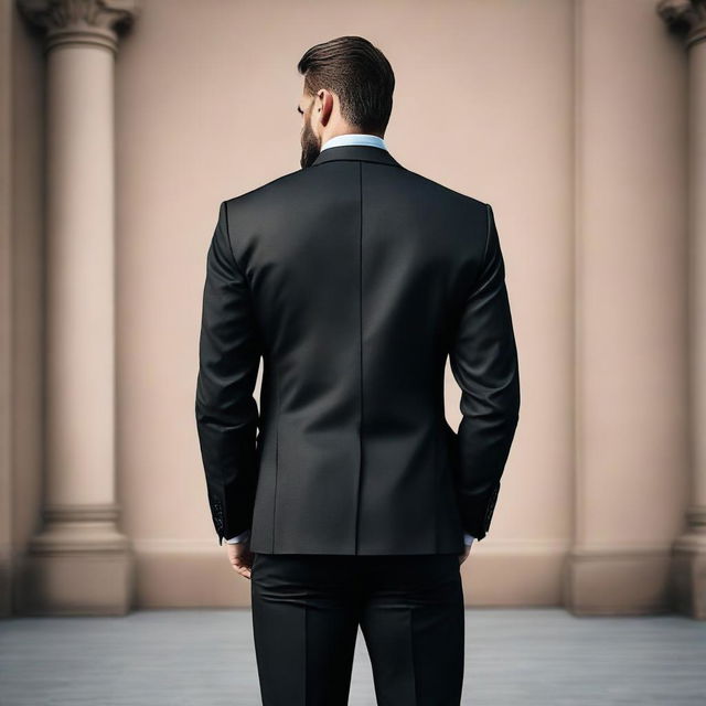 Create an image showing the back view of a muscular man wearing a smart, dark suit