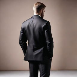 Create an image showing the back view of a muscular man wearing a smart, dark suit