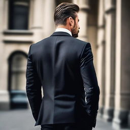 Create an image showing the back view of a muscular man wearing a smart, dark suit