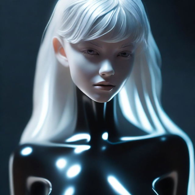 Create a 3D image of a girl depicted as a completely dark metallic statue with white hair