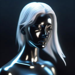 Create a 3D image of a girl depicted as a completely dark metallic statue with white hair