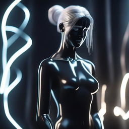 Create a 3D image of a girl depicted as a completely dark metallic statue with white hair