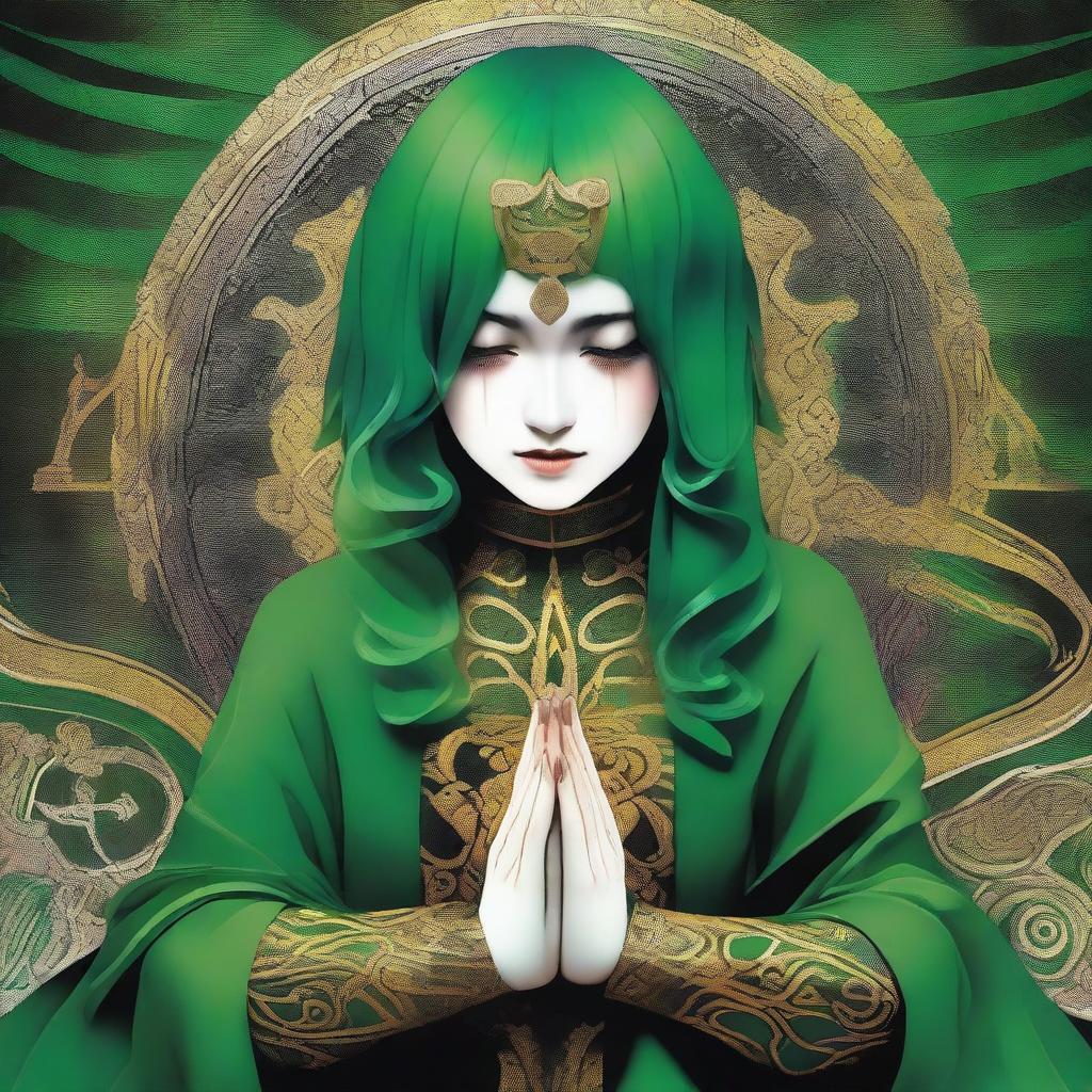 A colorful, fantasy scene featuring a green-haired person wearing a black and gold outfit