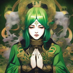 A colorful, fantasy scene featuring a green-haired person wearing a black and gold outfit