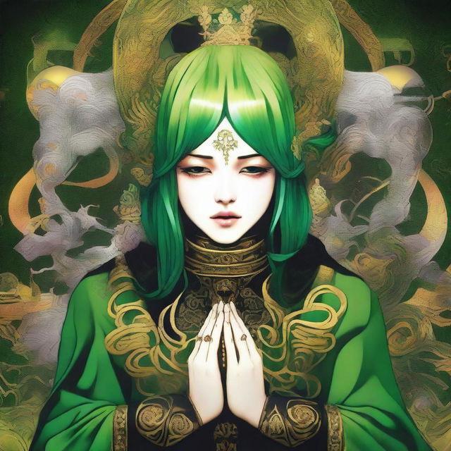 A colorful, fantasy scene featuring a green-haired person wearing a black and gold outfit