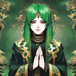 A colorful, fantasy scene featuring a green-haired person wearing a black and gold outfit