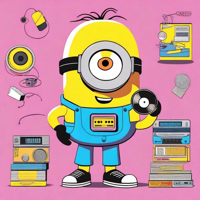 Create an image of Stuart the Minion dressed in a Y2K fashion style, complete with futuristic and retro elements