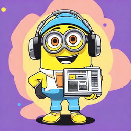 Create an image of Stuart the Minion dressed in a Y2K fashion style, complete with futuristic and retro elements