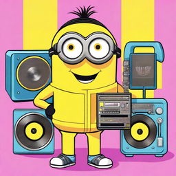 Create an image of Stuart the Minion dressed in a Y2K fashion style, complete with futuristic and retro elements