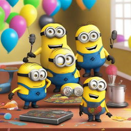 Create an image of the Minions having a party in a house club setting