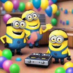 Create an image of the Minions having a party in a house club setting