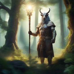 A majestic centaur cleric standing in a lush forest, holding a glowing staff with ancient runes