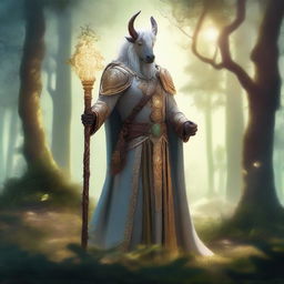 A majestic centaur cleric standing in a lush forest, holding a glowing staff with ancient runes