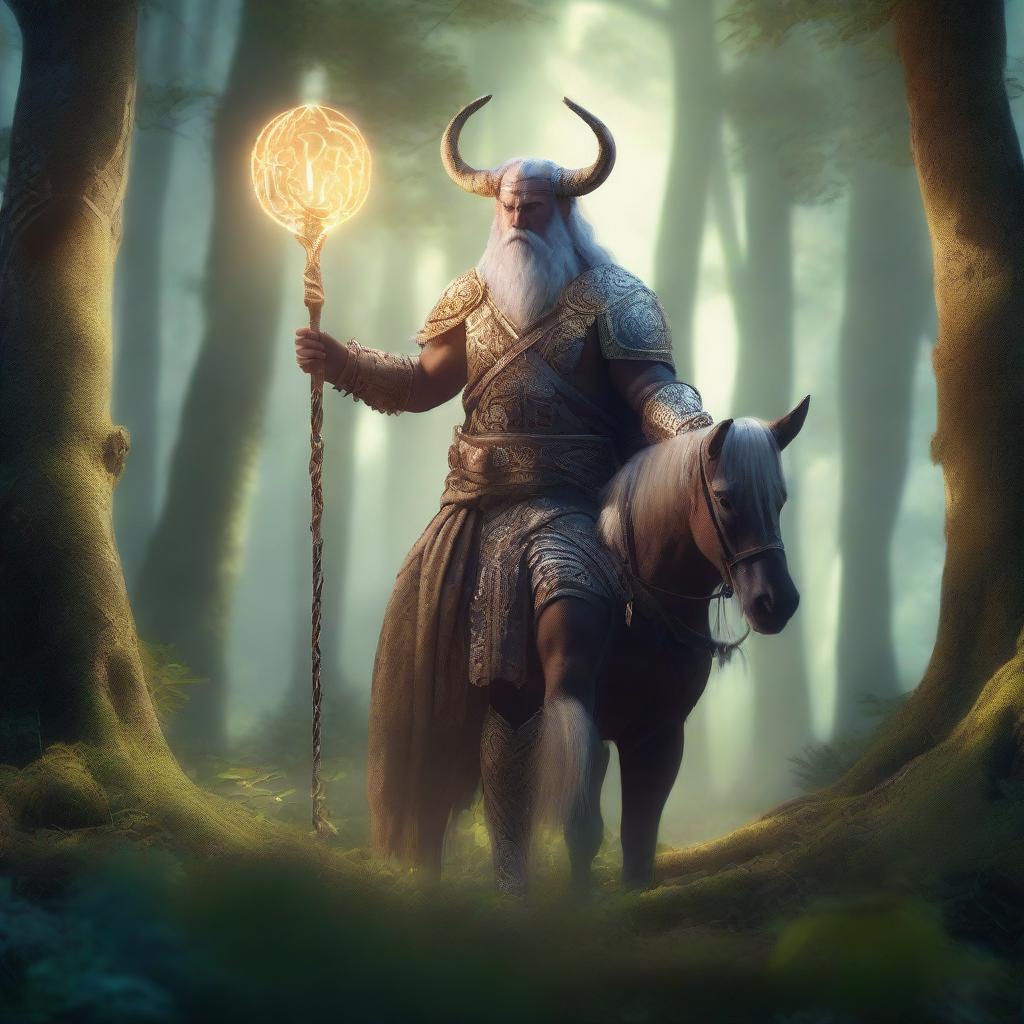 A majestic centaur cleric standing in a lush forest, holding a glowing staff with ancient runes