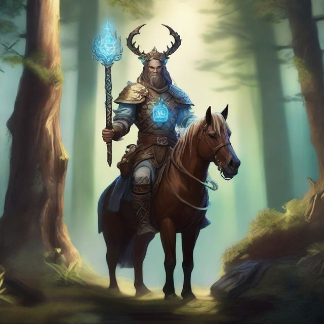 A Dungeons & Dragons inspired centaur cleric standing in an enchanted forest